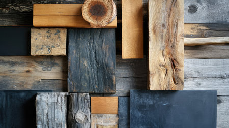An artistic display of various wood pieces and slate materials showcasing diverse textures and colors, ideal for rustic decor or design inspiration.の素材