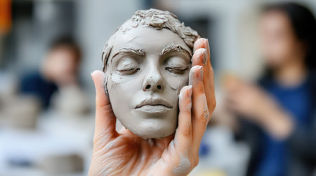 An artist's hands gently hold a sculpted clay face showcasing a soft expression amidst a creative workshop setting, capturing the spirit of craftsmanship.の素材