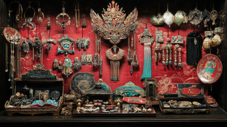 A captivating display of antique Asian jewelry and decorative artifacts, showcasing intricate craftsmanship against a rich red background, offers a glimpse into cultural heritage.の素材