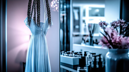 A captivating image of an elegant blue dress hanging in a boutique, surrounded by exquisite decor and a serene atmosphere, inviting a sense of beauty and style.の素材