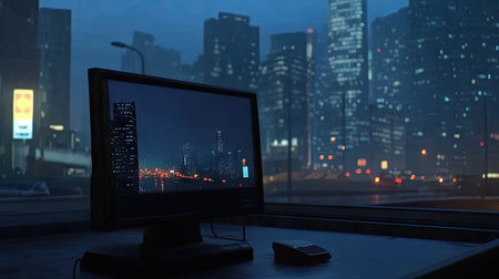 A captivating nighttime cityscape featuring a glowing computer monitor beside a window, showcasing a vibrant urban landscape filled with skyscrapers.の素材