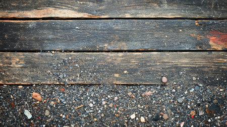 This image features rustic wooden planks resting on a ground of gravel and small stones, creating a unique and textured surface ideal for various design projects.の素材
