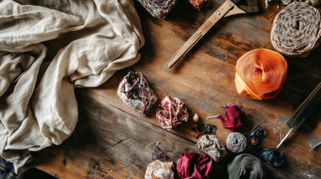 This image showcases a vibrant collection of textiles, threads, and crafting tools arranged on a rustic wooden table, creating an inspiring creative workspace.の素材