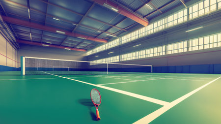 A spacious indoor tennis court featuring bright lights and a green playing surface, with a solitary racket resting on the ground, perfect for sports-related visuals.の素材