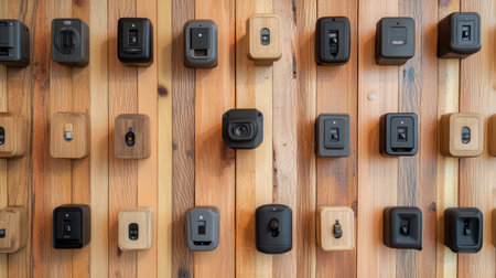 Explore a striking display of diverse wall-mounted camera devices arranged artistically on a natural wood panel, showcasing modern design and technology integration.の素材