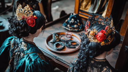 Two women dressed in traditional costumes adorned with ornate hair accessories sit gracefully at a cultural display, showcasing heritage and artistry.の素材