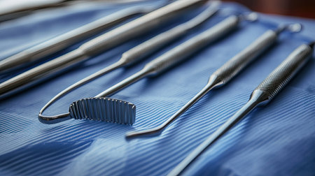 This image showcases a collection of dental instruments meticulously arranged on a blue surface, highlighting their importance in oral care procedures.の素材