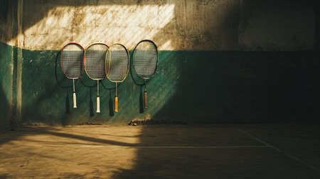 A captivating image of vintage tennis rackets hanging on a rustic wall in an indoor court, illuminated by soft natural light, accentuating their unique textures.の素材