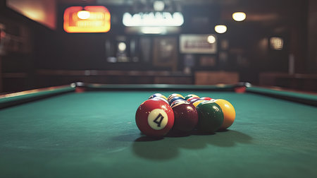 A close-up view of billiard balls neatly arranged on a vibrant green felt pool table, set in a warm and inviting sports bar. The ambiance is relaxed and social, perfect for a night of friendly competition.の素材
