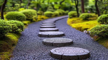 A tranquil pathway features stone stepping stones leading through a beautifully landscaped Japanese garden, surrounded by vibrant greenery and soft moss.の素材