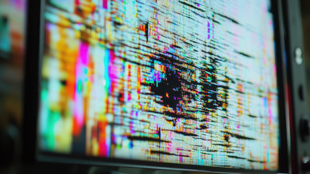 This captivating image features a vibrant, abstract digital glitch showcasing colorful distortions and pixelated patterns on a screen. Perfect for creative projects.の素材