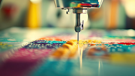 A vibrant close-up image showcasing a sewing machine needle in action, creating intricate patterns on colorful fabric, surrounded by artistic tools.の素材