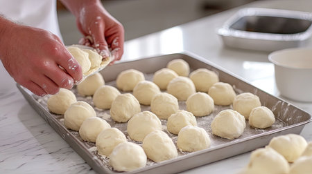 A baker's hands skillfully shape fresh dough into round balls, ready for baking. The scene captures the warmth of homemade bread preparation in a bright kitchen.の素材