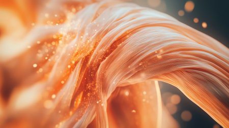 Immerse yourself in this abstract image featuring flowing textures in warm hues. Glowing particles create a captivating visual that inspires creativity and elegance.の素材
