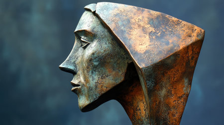 This striking abstract bronze sculpture captures the side profile of a woman's head, highlighting geometric shapes and intricate textures. The artwork evokes emotion and creativity, perfect for art enthusiasts and collectors.の素材