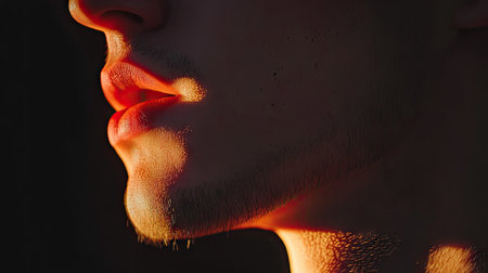 This close-up portrait showcases the lips and jawline of a male figure, beautifully illuminated by soft, warm natural light. The interplay of light and shadow adds depth and emotion to the image, highlighting the unique textures of the skin and creating an intimate aesthetic.の素材