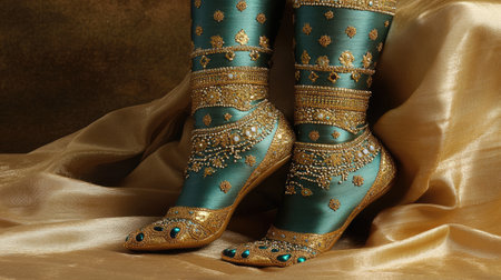 Stunning traditional footwear showcased on rich teal fabric, adorned with intricate gold embellishments, reflecting cultural elegance and craftsmanship.の素材