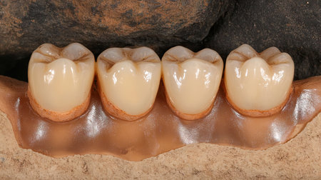 This image displays a detailed close-up view of a dental model featuring four realistic human teeth. The lifelike texture and color variations highlight key anatomical features, making it an excellent visual resource for education in dentistry and oral health.の素材