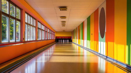 A vibrant and modern hallway filled with colorful walls and natural light, showcasing geometric patterns that create an inviting atmosphere.の素材