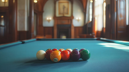 A vibrant composition featuring colorful billiard balls neatly arranged on a green felt pool table, situated in a sophisticated room with rich wooden details and inviting sunlight, perfect for leisure and relaxation.の素材