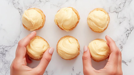 A close-up view of hands reaching for soft, creamy frosted cupcakes arranged neatly on a sleek marble surface, offering a tempting dessert experience.の素材