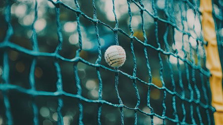 This image captures a cricket ball suspended in the netting of a sports setup, emphasizing the action and adrenaline of the game in a vibrant outdoor environment.の素材