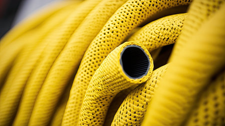 This close-up image showcases a coiled yellow hose with a textured surface, ideal for gardening and outdoor maintenance. The vibrant color emphasizes durability and utility.の素材