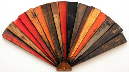 Vibrant wooden fan showcasing an array of colors from red to brown, perfect for home decor projects or as a unique artistic statement.の素材