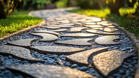 A beautifully designed garden pathway featuring a blend of stones and pebbles, gently illuminated by soft sunlight. Lush greenery frames this serene outdoor setting, creating an inviting atmosphere perfect for relaxation and peaceful strolls.の素材