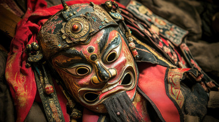 An intricately designed traditional mask with vibrant colors and detailed craftsmanship, symbolizing cultural heritage and artistic expression in performances.の素材