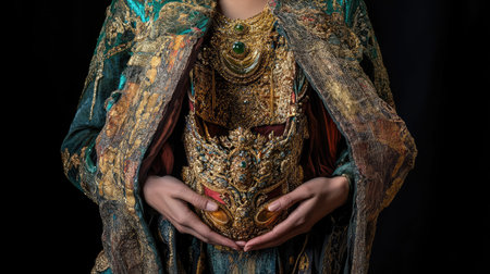 A captivating portrait showcasing a person adorned in an elaborate cultural costume, featuring intricate textiles and a stunning headpiece adorned with jewels, representing tradition and artistry.の素材