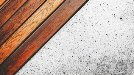A striking composition showcasing wooden planks laid diagonally against a textured surface. The blend of warm brown tones and stark white creates a visually appealing contrast, perfect for interior design projects.の素材