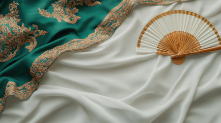 This image showcases a beautiful silk fabric adorned with intricate golden embroidery, accompanied by a traditional fan. The soft textures and harmonious colors create an elegant and artistic presentation, perfect for cultural themes or luxury styling.の素材