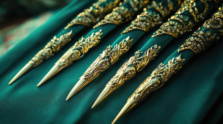 Close-up view of exquisite golden decorative elements resting on rich teal fabric, showcasing intricate craftsmanship perfect for design and cultural themes.の素材