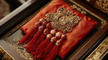 This exquisite red silk pouch features stunning gold embellishments and decorative tassels, perfect for traditional celebrations and gifting. The intricate craftsmanship showcases rich cultural heritage and luxurious aesthetics.の素材