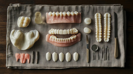 A detailed arrangement of dental models and instruments showcasing various materials and tools used in dentistry. Ideal for educational content and professional training.の素材