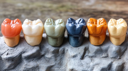 A detailed arrangement of colorful ceramic dental models showcasing various tooth shades, perfect for educational purposes or artistic displays.の素材