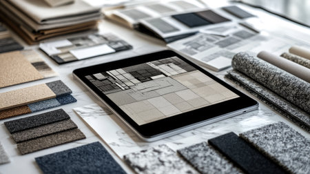 A visually appealing display of various textures and patterns alongside a digital tablet, showcasing design tools on a modern workspace for creative inspiration.の素材