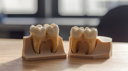 This image showcases a pair of detailed tooth models designed for educational purposes in dentistry. Perfect for teaching dental anatomy and procedures.の素材