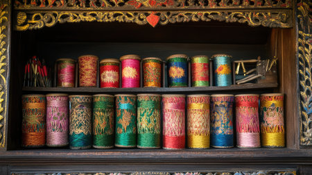 A beautiful display of colorful spools of thread arranged on an ornate wooden shelf, showcasing the vibrant hues and intricate designs typical of textile craftsmanship.の素材