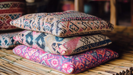 Stacked colorful cushions featuring intricate patterns rest on a straw mat, creating a warm and inviting atmosphere perfect for interior decor.の素材
