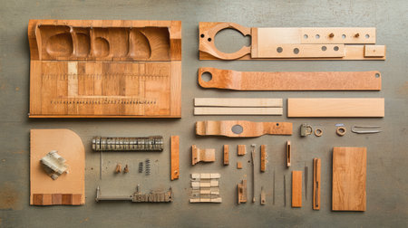 A meticulous arrangement of various wooden musical instrument parts highlights craftsmanship and design. Each piece showcases intricate details, textures, and the artistry involved in instrument-making. Perfect for projects related to music, craftsmanship, or design.の素材
