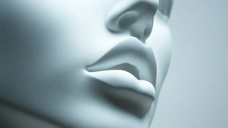 This image features a close-up of a white mannequin face, showcasing its smooth features and soft curves against a neutral background, perfect for creative projects.の素材