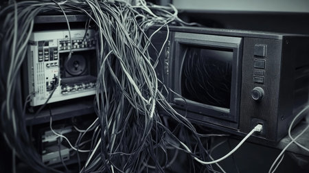 A cluttered workspace filled with tangled wires and retro electronics showcases the chaos of modern technology's evolution over time.の素材