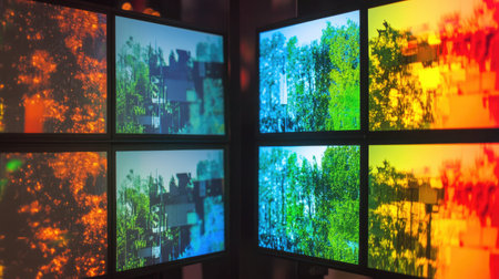 A captivating arrangement of colorful digital screens showcasing abstract imagery and nature themes. The design highlights vibrant colors and intricate patterns, creating an engaging visual experience.の素材