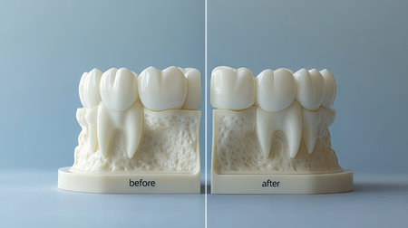 This image displays a meticulous dental restoration model contrasting before and after stages, illustrating significant oral health improvements and treatment outcomes.の素材