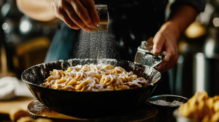 A skilled chef delicately sprinkles powdered sugar on a beautifully plated pasta dish, showcasing culinary expertise in a warm and rustic kitchen environment.の素材