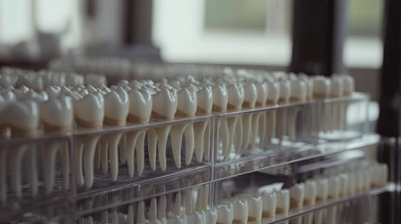 This image showcases an organized display of artificial teeth models in a clear container, ideal for dental education and training in clinical settings.の素材