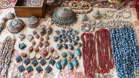 This image features a beautifully arranged assortment of vintage jewelry showcasing various intricate designs and vibrant gemstones, perfect for artistic inspiration.の素材