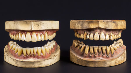 This image features two highly detailed dental models showcasing different stages of tooth decay and dental structure, ideal for educational and clinical use.の素材